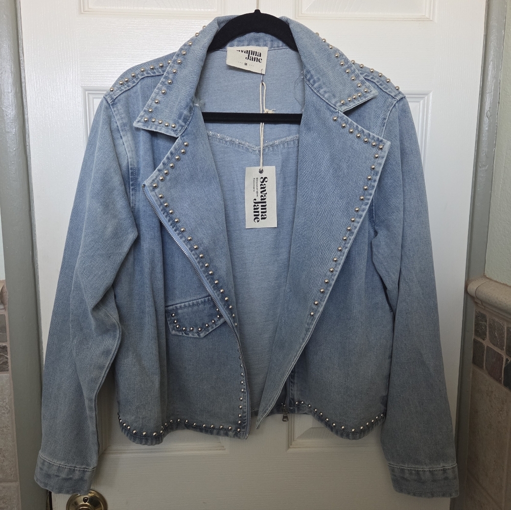 Savanna Jane Light Blue Studded Moto Style Jean Jacket Western Boho Rodeo MEDIUM - Picture 6 of 8